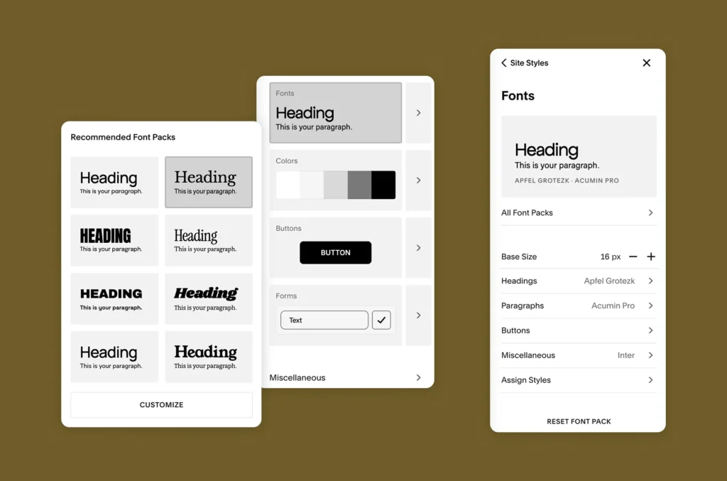 Squarespace Fonts panel showing recommended font packs and individual font settings