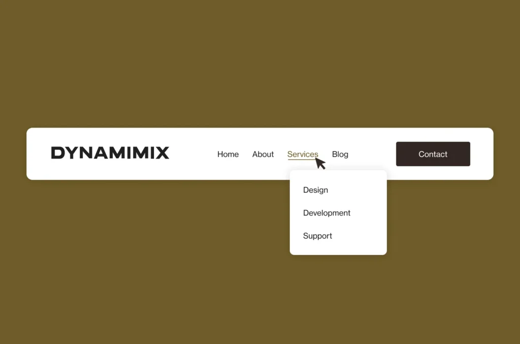 Website navigation bar featuring the Dynamimix logo and a cursor hovering over "Services" to reveal a dropdown menu